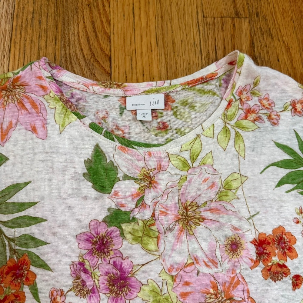 J. Jill Love Linen Shirt Womens XL White Floral Crossover-Hem Short Sleeve Linen - Picture 4 of 11
